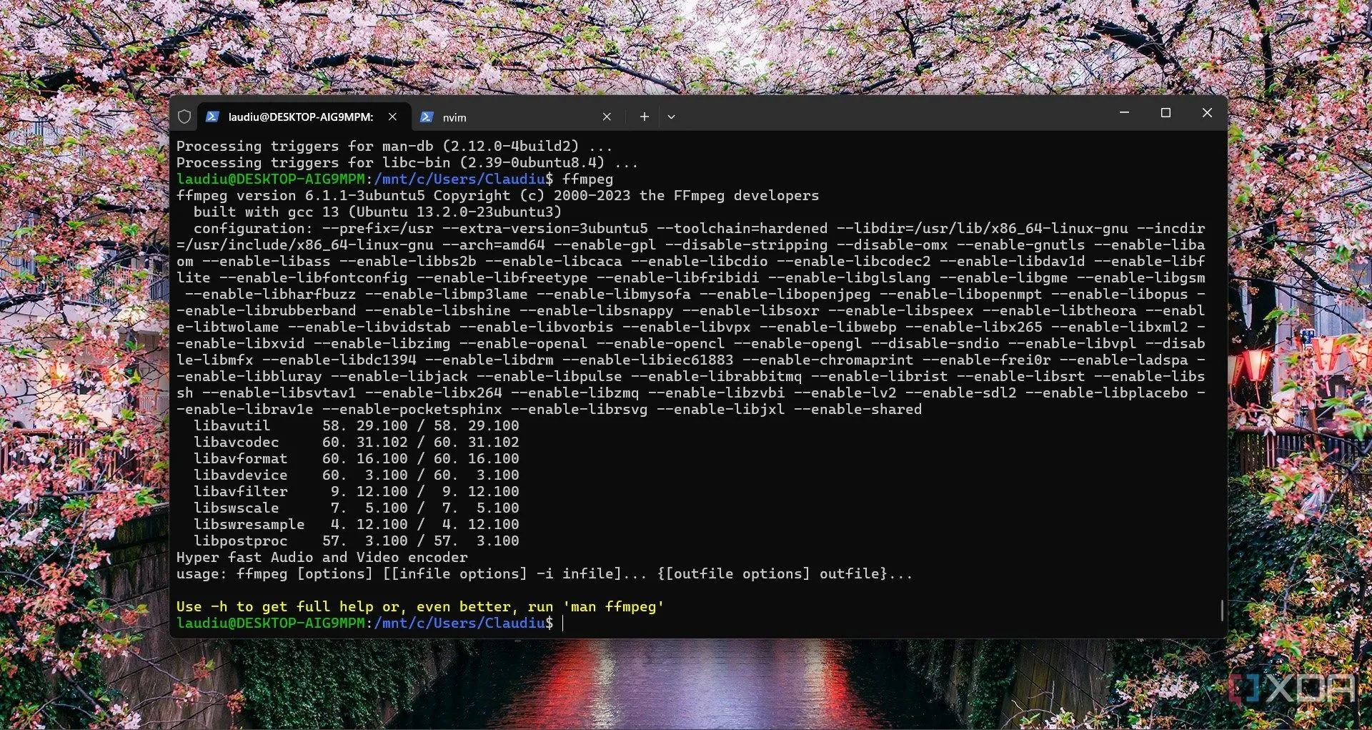 Màn hình máy tính Windows 11 đang chạy lệnh FFmpeg trong môi trường WSL, chứng minh khả năng thực thi các công cụ Linux trên Windows