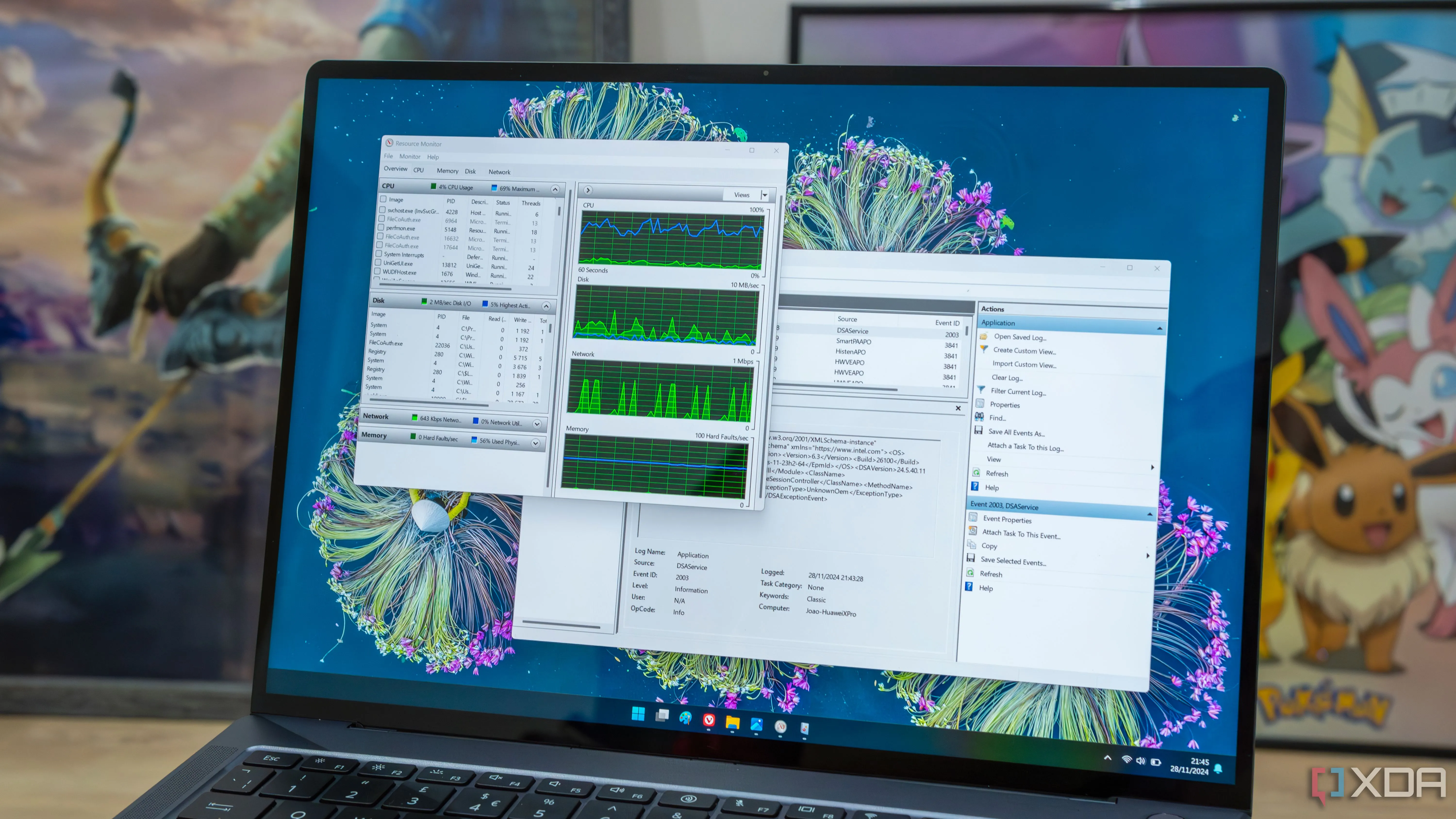 Màn hình máy tính Windows 11 hiển thị Công cụ Giám sát Tài nguyên và Trình xem Sự kiện, minh họa khả năng truy cập nhanh các công cụ hệ thống qua God Mode.