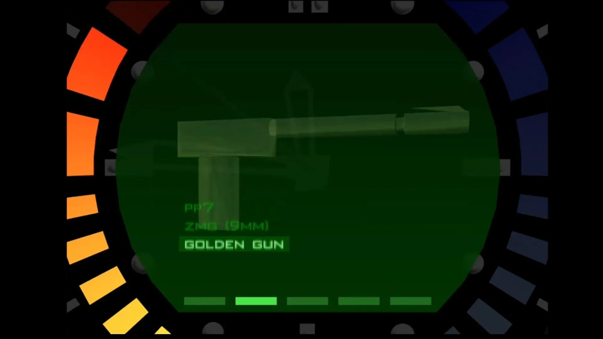 Màn hình menu game GoldenEye007, với hình ảnh khẩu Golden Gun nổi bật