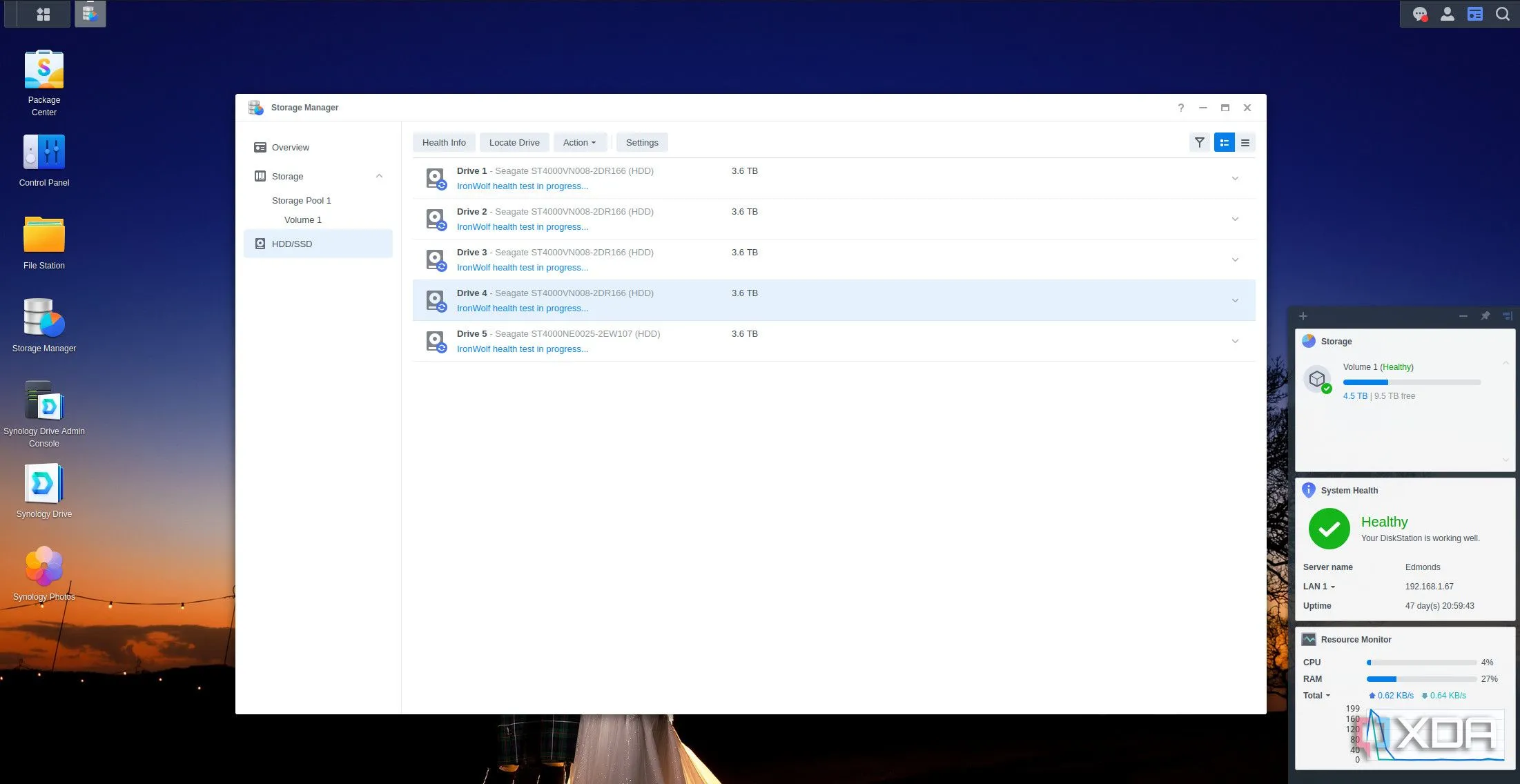 Màn hình quản lý NAS Synology DSM 7.1 hiển thị kiểm tra sức khỏe ổ đĩa IronWolf.