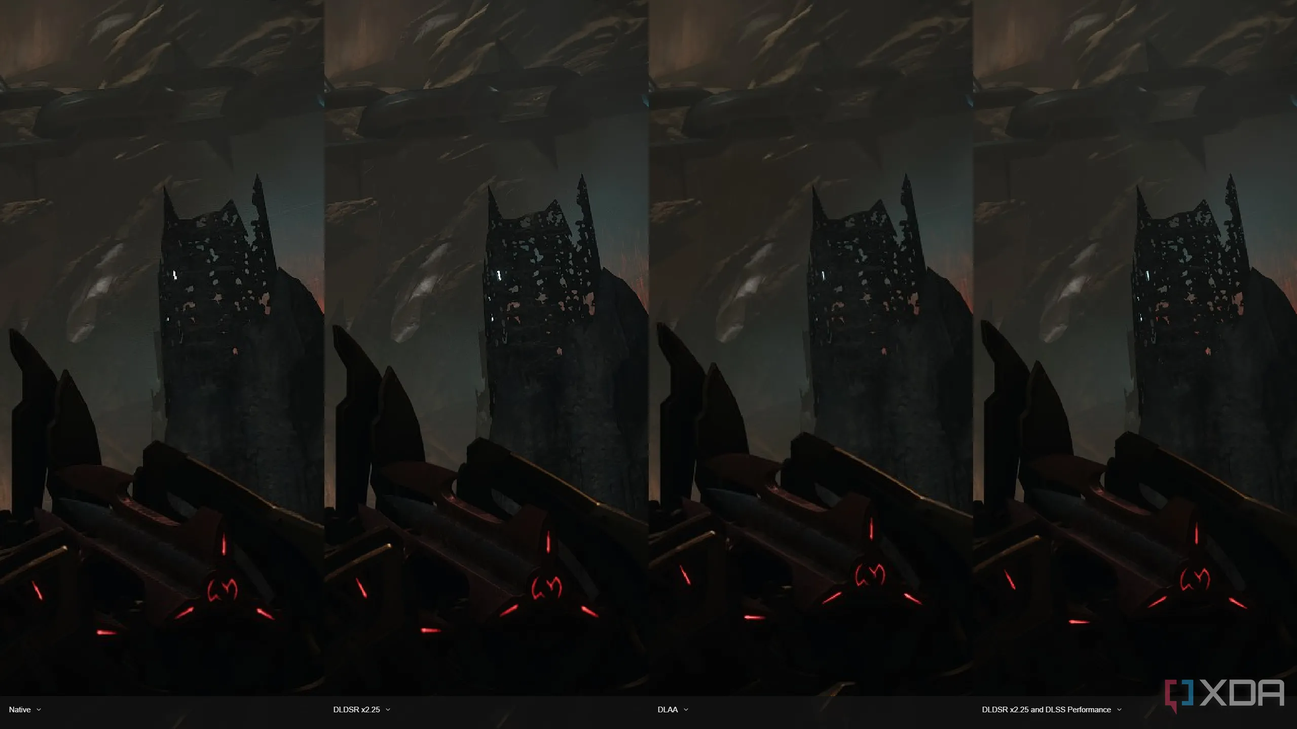 Màn hình so sánh độ sắc nét giữa DLDSR và DLAA trong game Doom The Dark Ages, minh họa lợi ích của DLDSR