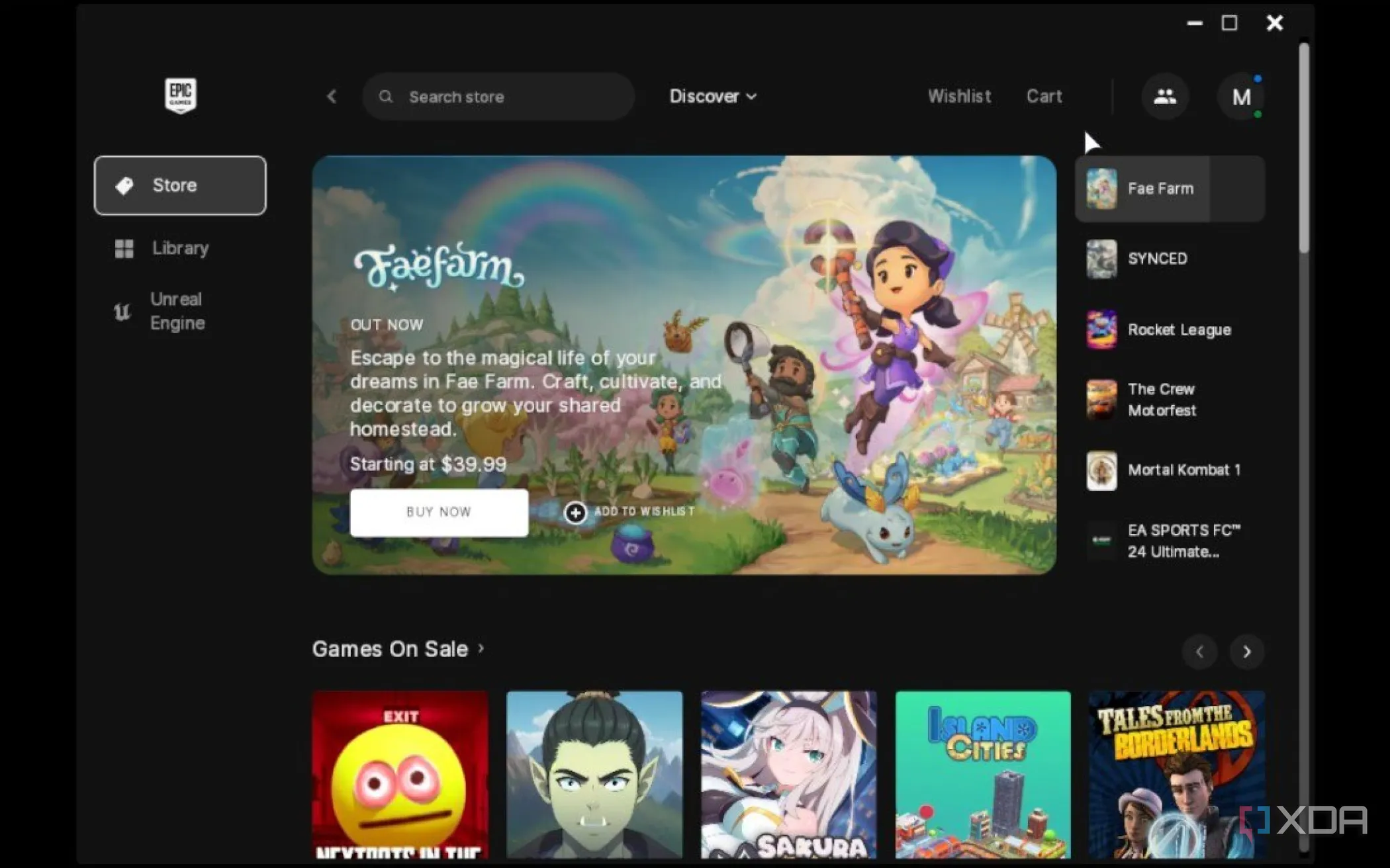 Màn hình Steam Deck hiển thị Epic Games Launcher với Faefarm được quảng bá, minh họa cách chơi game Epic trên Steam Deck.