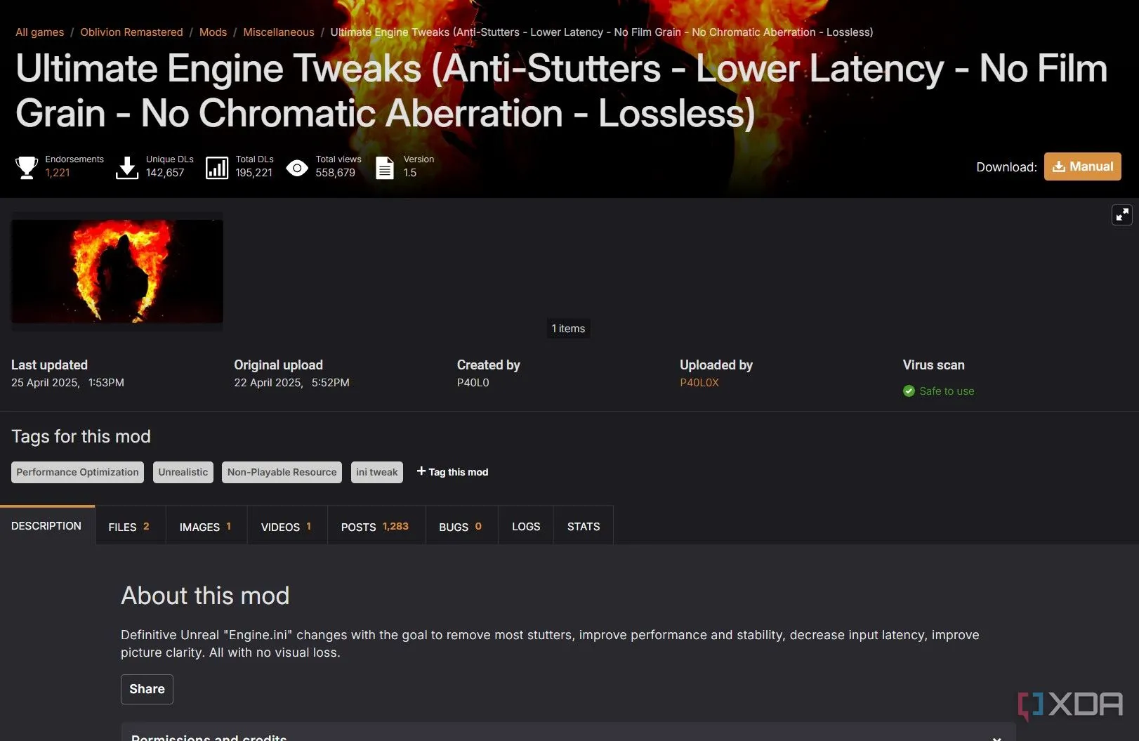 Màn hình tải xuống mod Ultimate Engine Tweaks để tối ưu file engine.ini của Unreal Engine 5 cho Oblivion Remastered