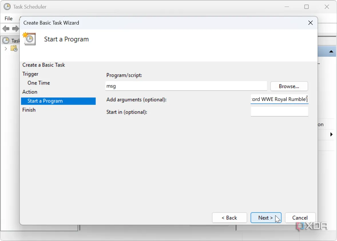 Màn hình tạo thông báo tùy chỉnh trong Task Scheduler trên Windows, hiển thị lời nhắc cá nhân