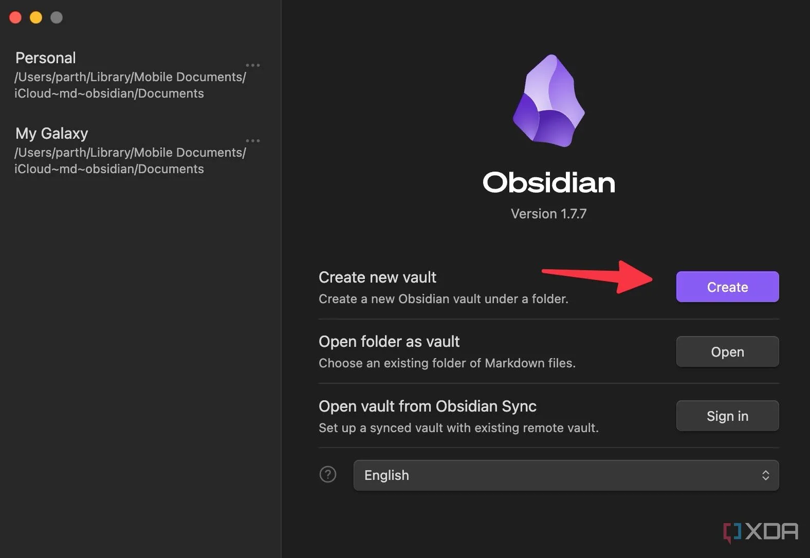 Màn hình tạo vault mới trong Obsidian, cho phép đặt tên dự án độc đáo