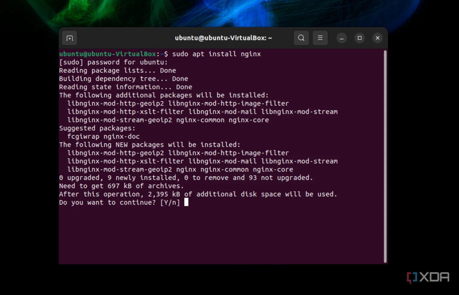 Màn hình terminal hiển thị lệnh cài đặt Nginx trên Ubuntu bằng sudo apt install nginx