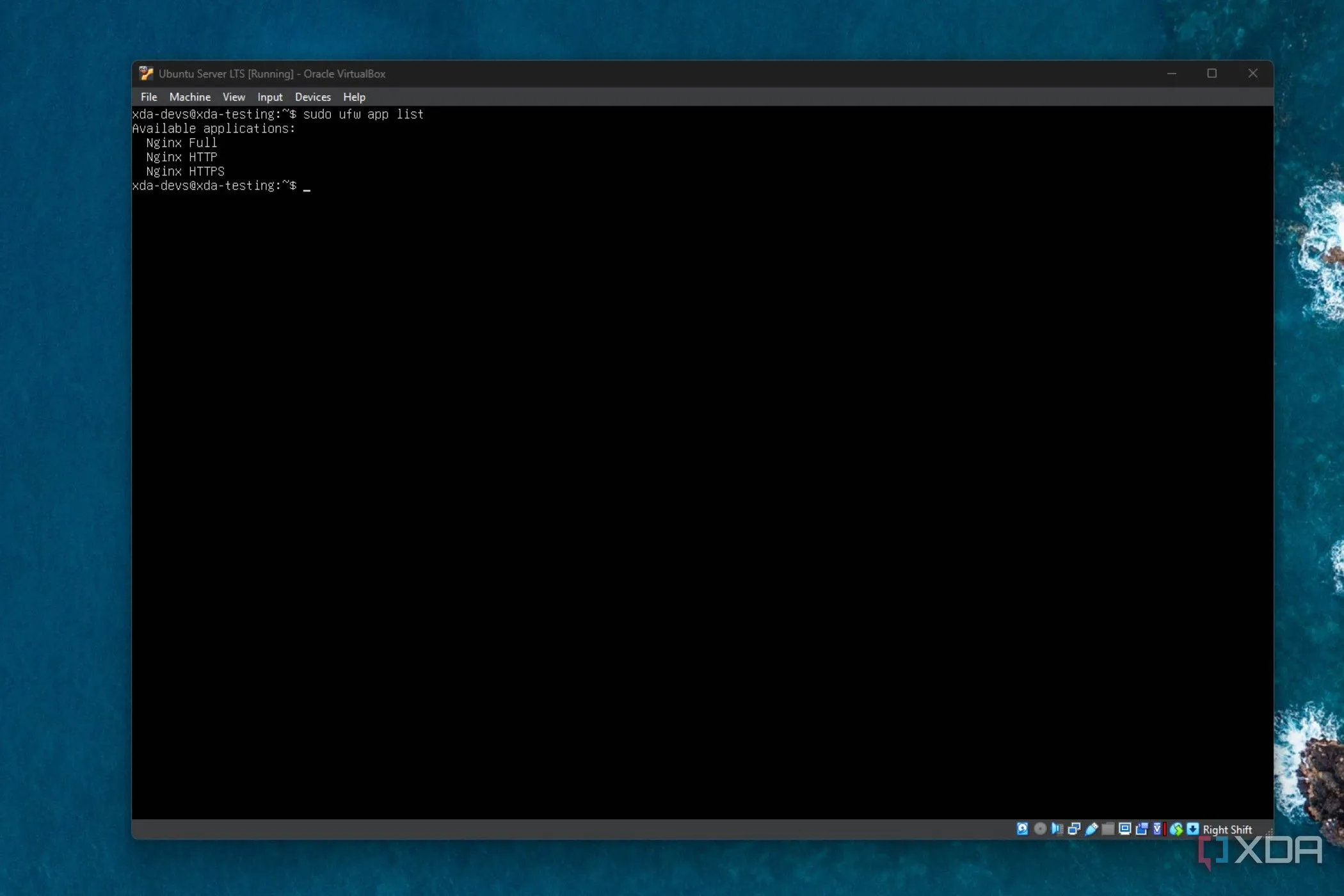 Màn hình terminal Ubuntu Server hiển thị danh sách ứng dụng tường lửa UFW với lệnh sudo ufw app list
