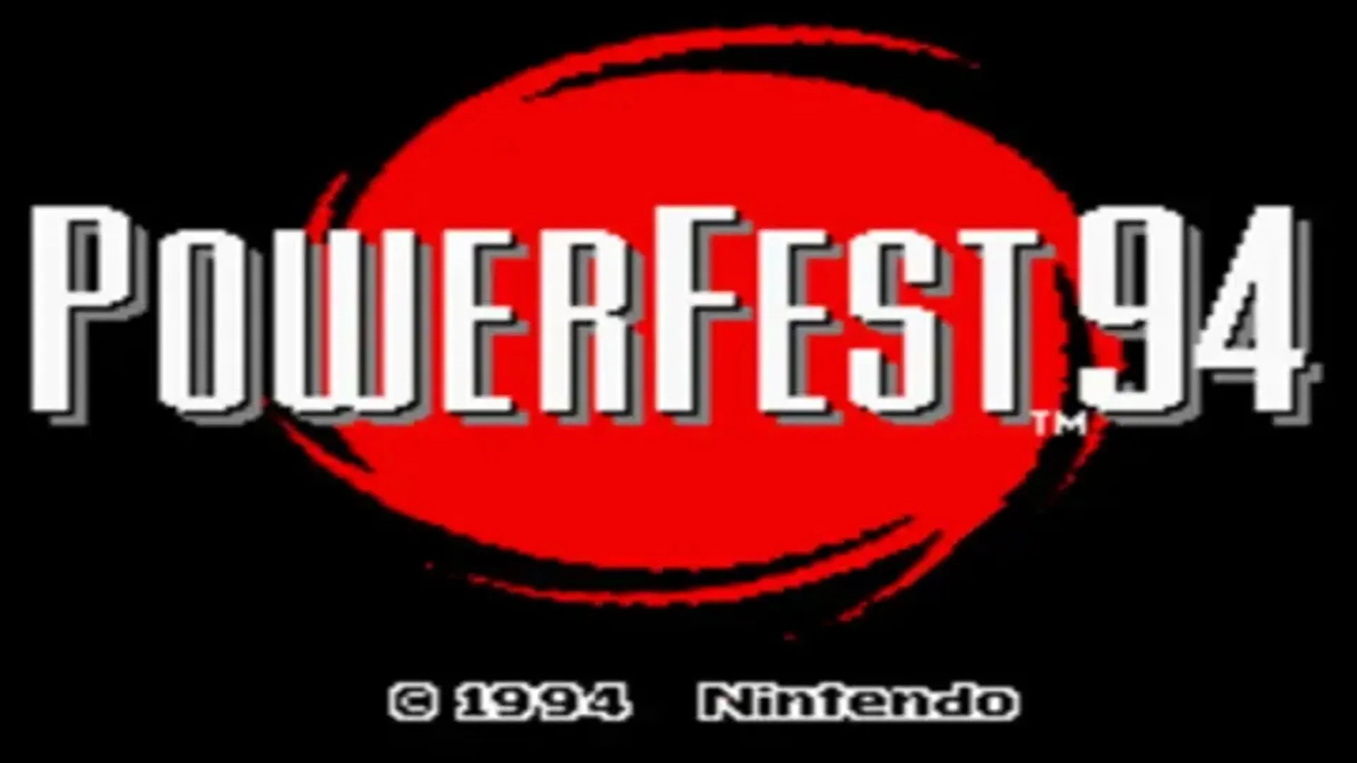 Màn hình tiêu đề mở đầu của giải đấu Nintendo Powerfest 1994, biểu tượng cho sự kiện game kinh điển và cartridge SNES độc nhất