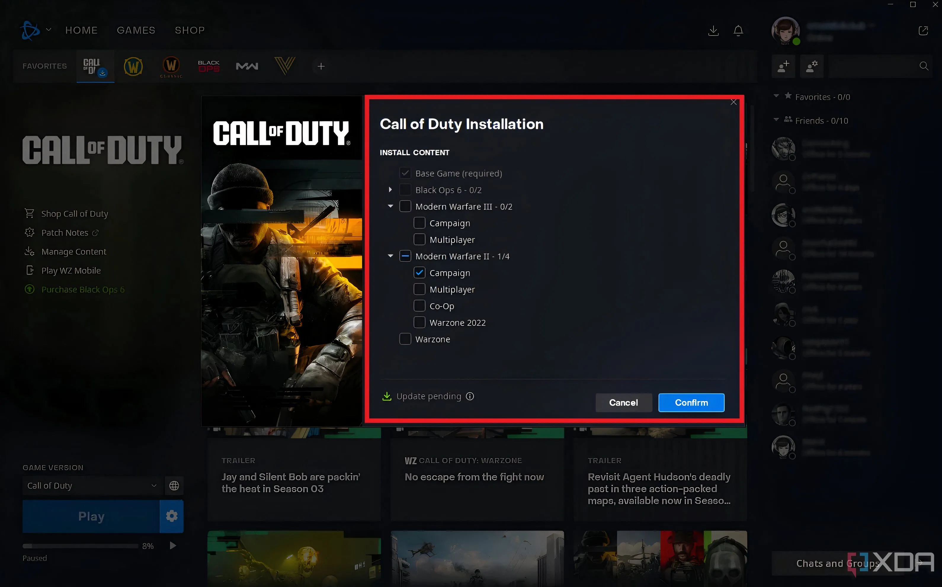 Màn hình tùy chỉnh cài đặt Call of Duty trong Battle.net, cho phép người dùng chọn thành phần game để tiết kiệm dung lượng
