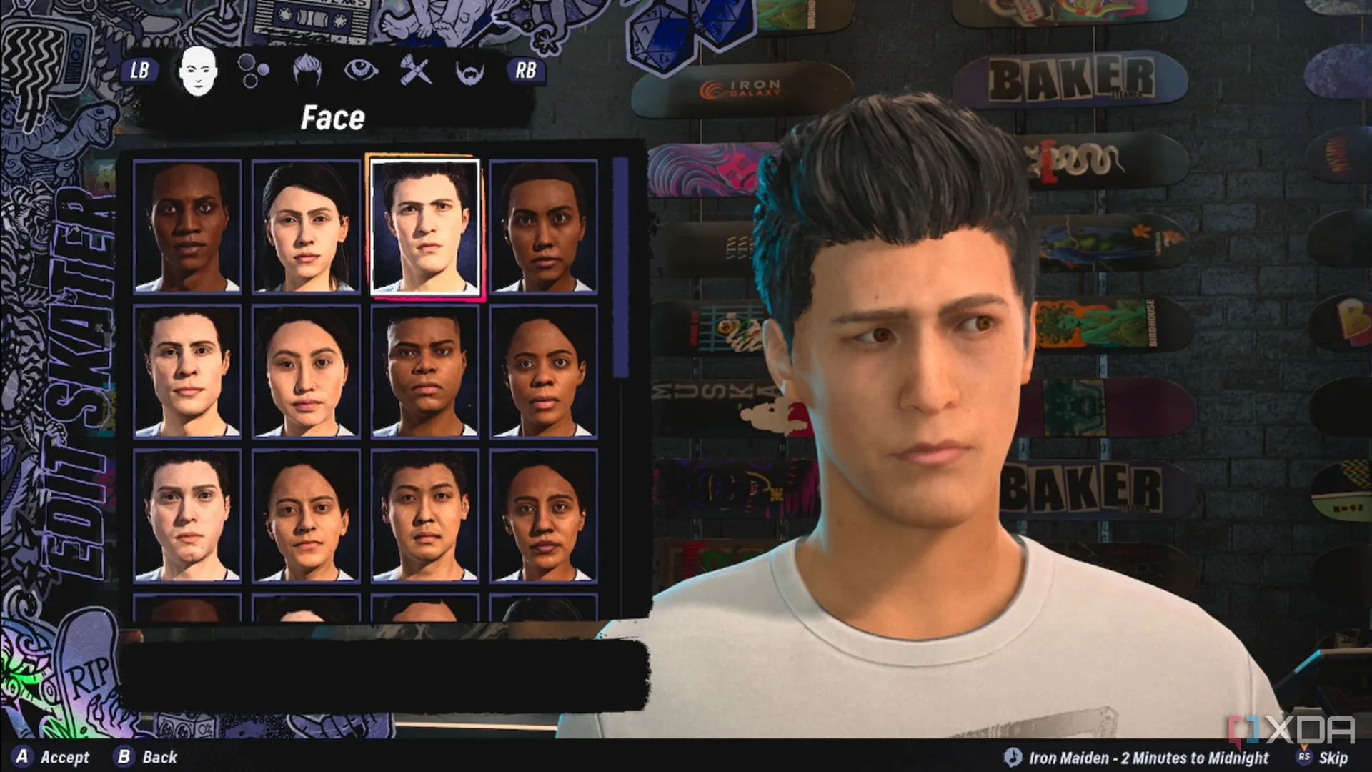 Màn hình tùy chỉnh khuôn mặt cho nhân vật skater trong chế độ Create-A-Skater của Tony Hawk.