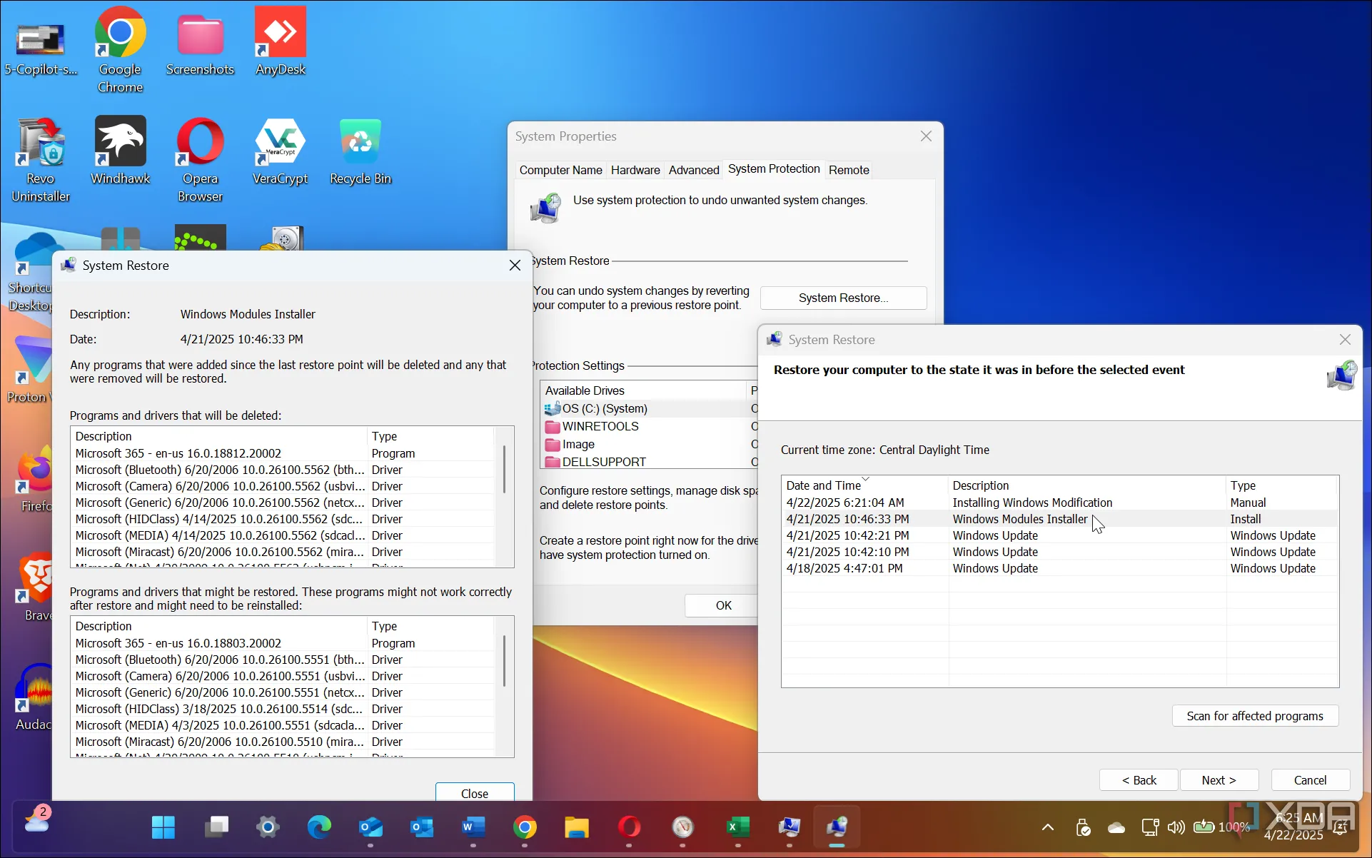 Màn hình tùy chọn điểm khôi phục hệ thống trong Windows 11, cho phép người dùng quay lại trạng thái trước đó