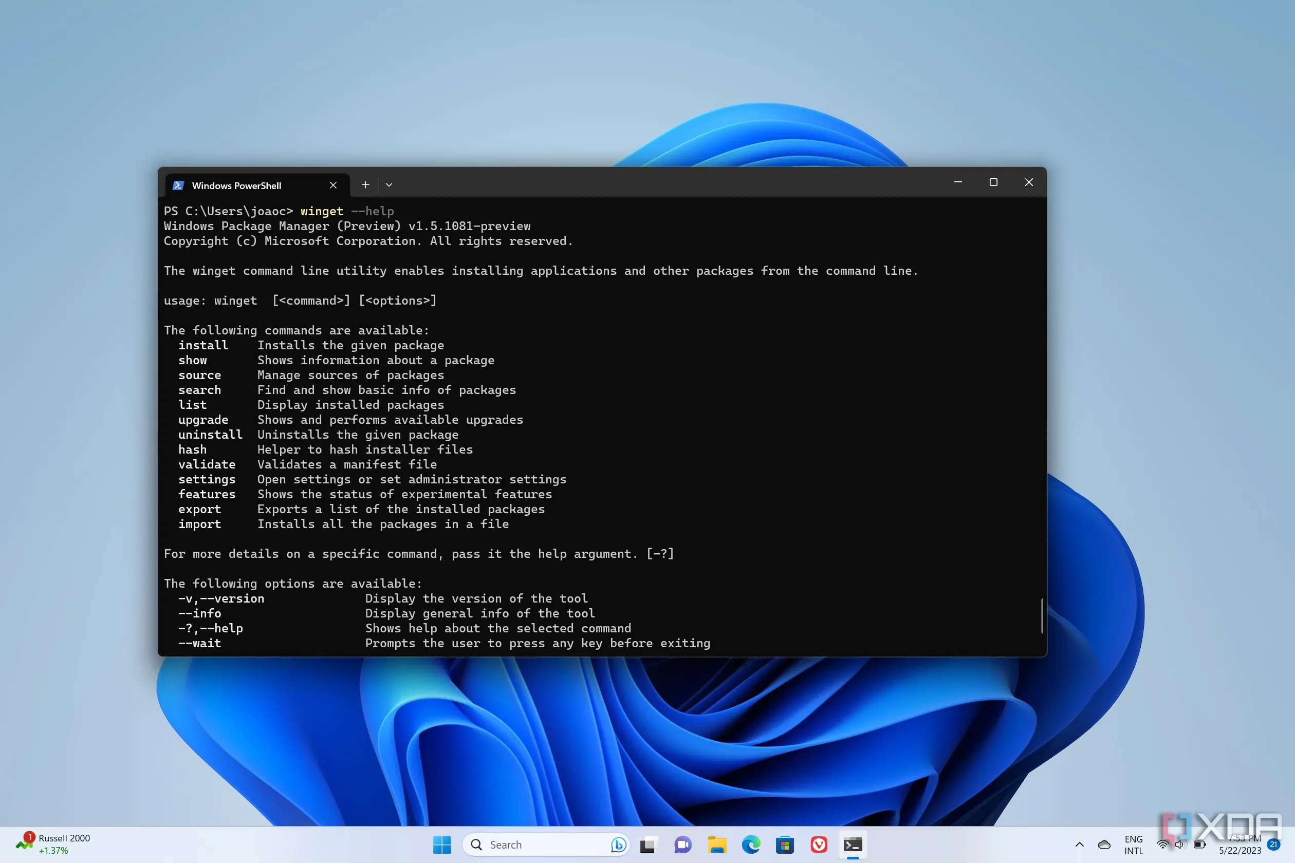 Màn hình Windows 11 hiển thị Windows Terminal với danh sách lệnh của trình quản lý gói Winget