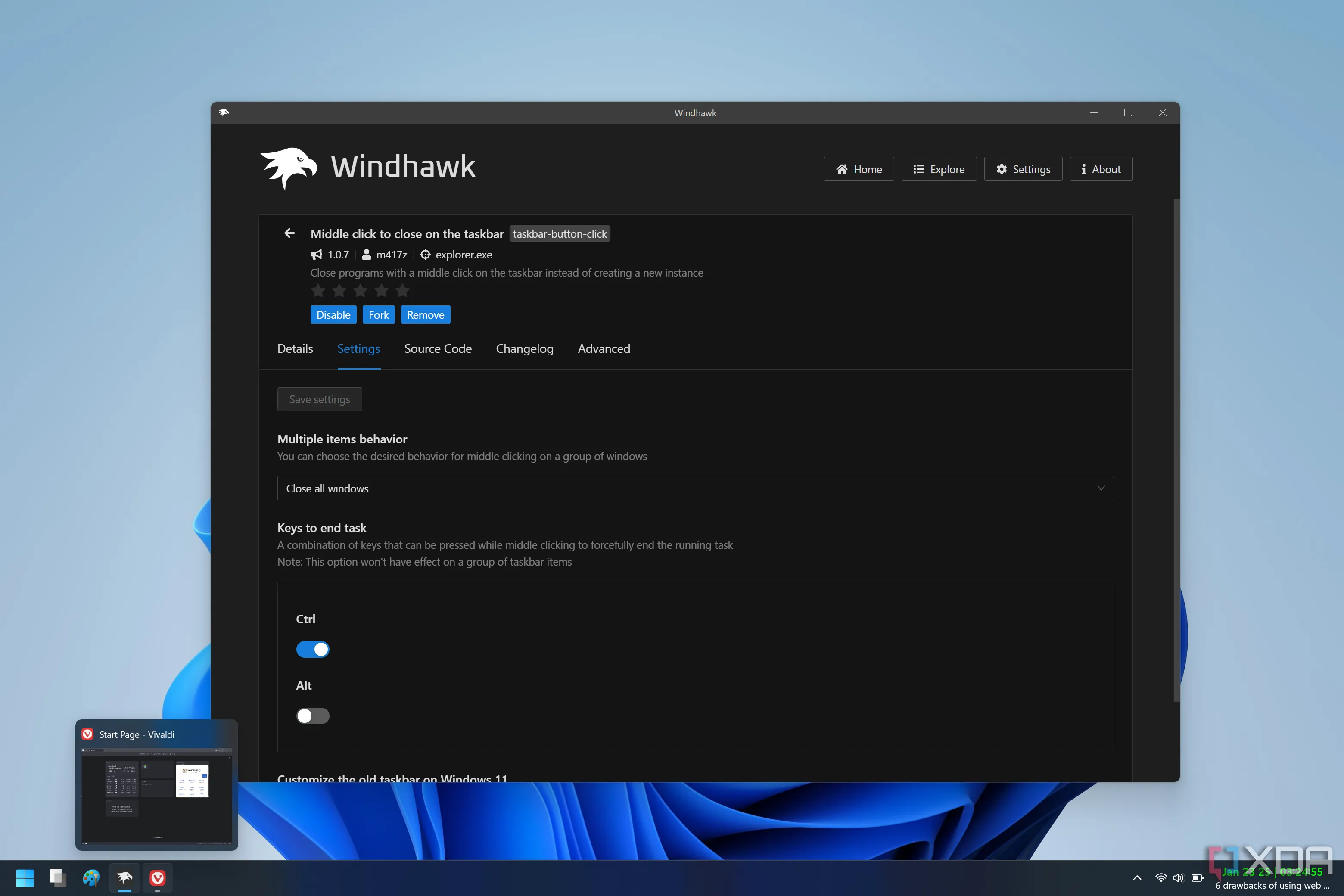 Màn hình Windows 11 minh họa tính năng đóng ứng dụng trên thanh tác vụ bằng cách nhấp chuột giữa, kích hoạt bởi Windhawk mod