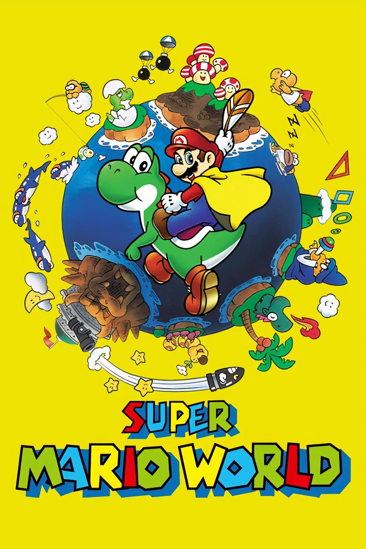 Mario cưỡi Yoshi trong Super Mario World, tựa game mở màn kinh điển của SNES.