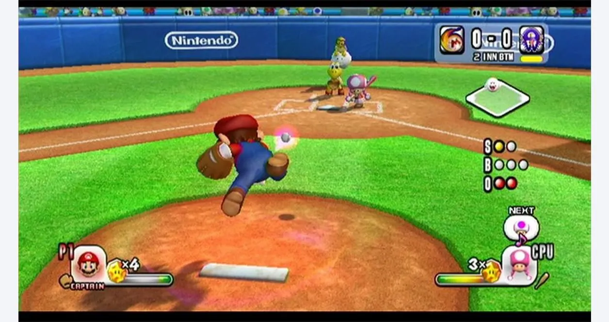 Mario đang thực hiện cú ném bóng trong game Mario Super Sluggers, gợi nhớ về series Mario Baseball.
