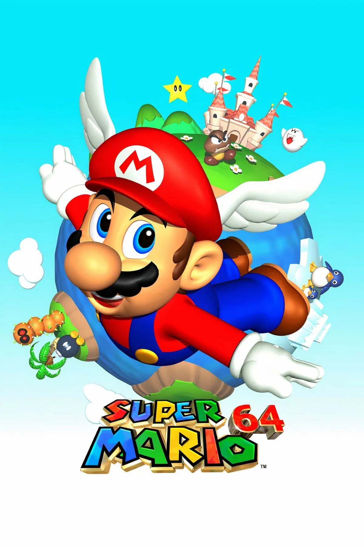 Mario thực hiện động tác nhảy đặc trưng trong Super Mario 64, game 3D platformer huyền thoại của Nintendo 64.