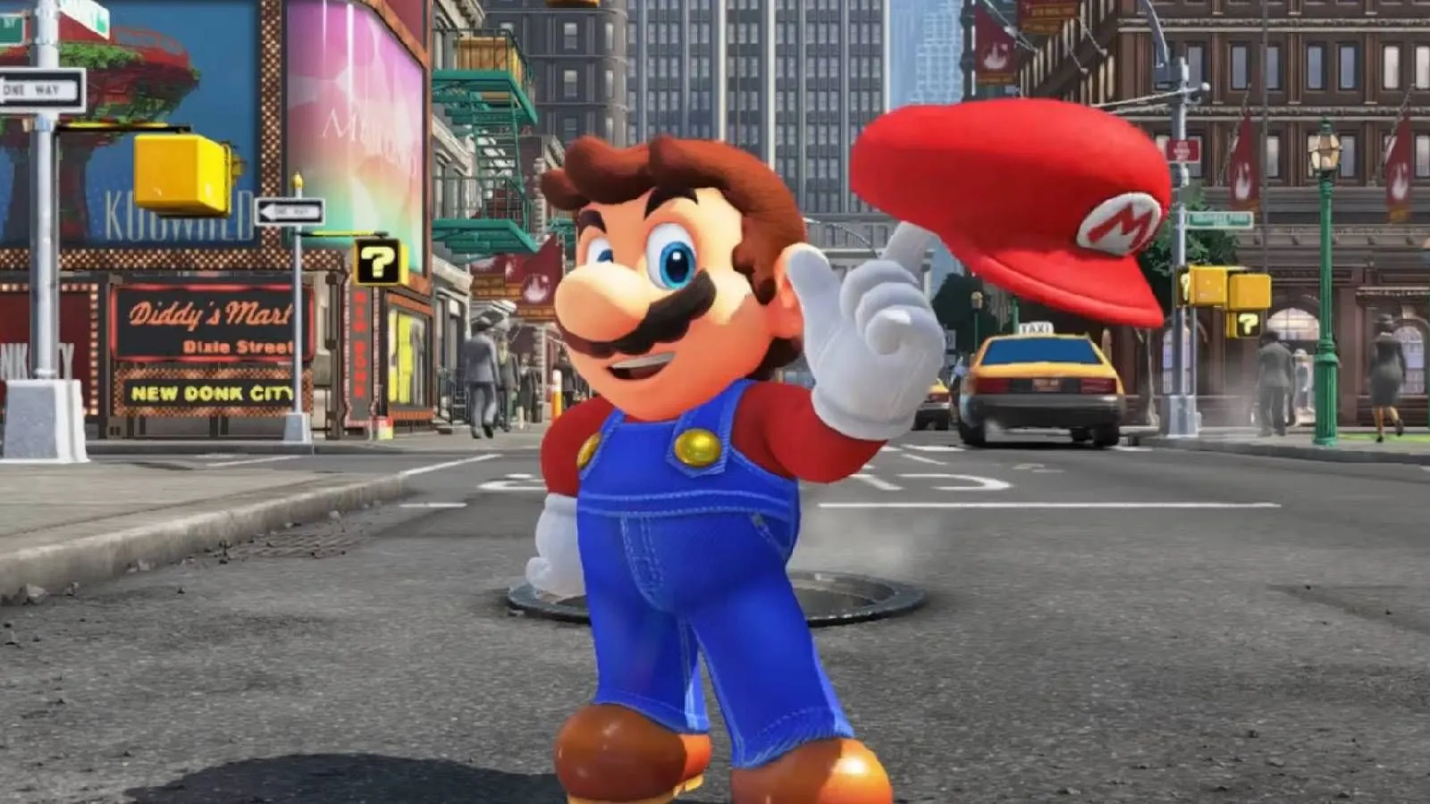 Mario và mũ Cappy trong Super Mario Odyssey tại thành phố New Donk chuẩn bị cho Switch 2