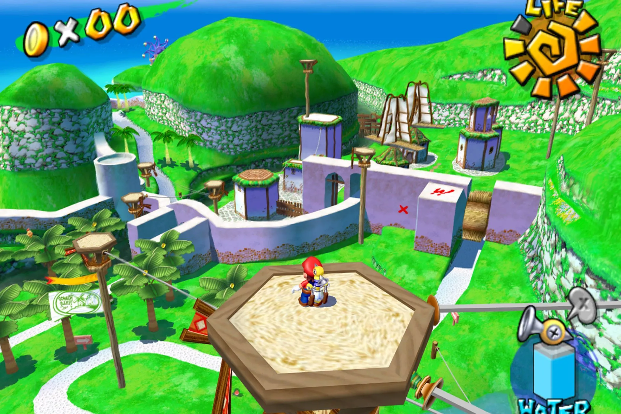 Mario với thiết bị Fludd đứng trên một tòa tháp cao tại Đảo Delfino trong game Super Mario Sunshine, minh họa gameplay đặc trưng của trò chơi.