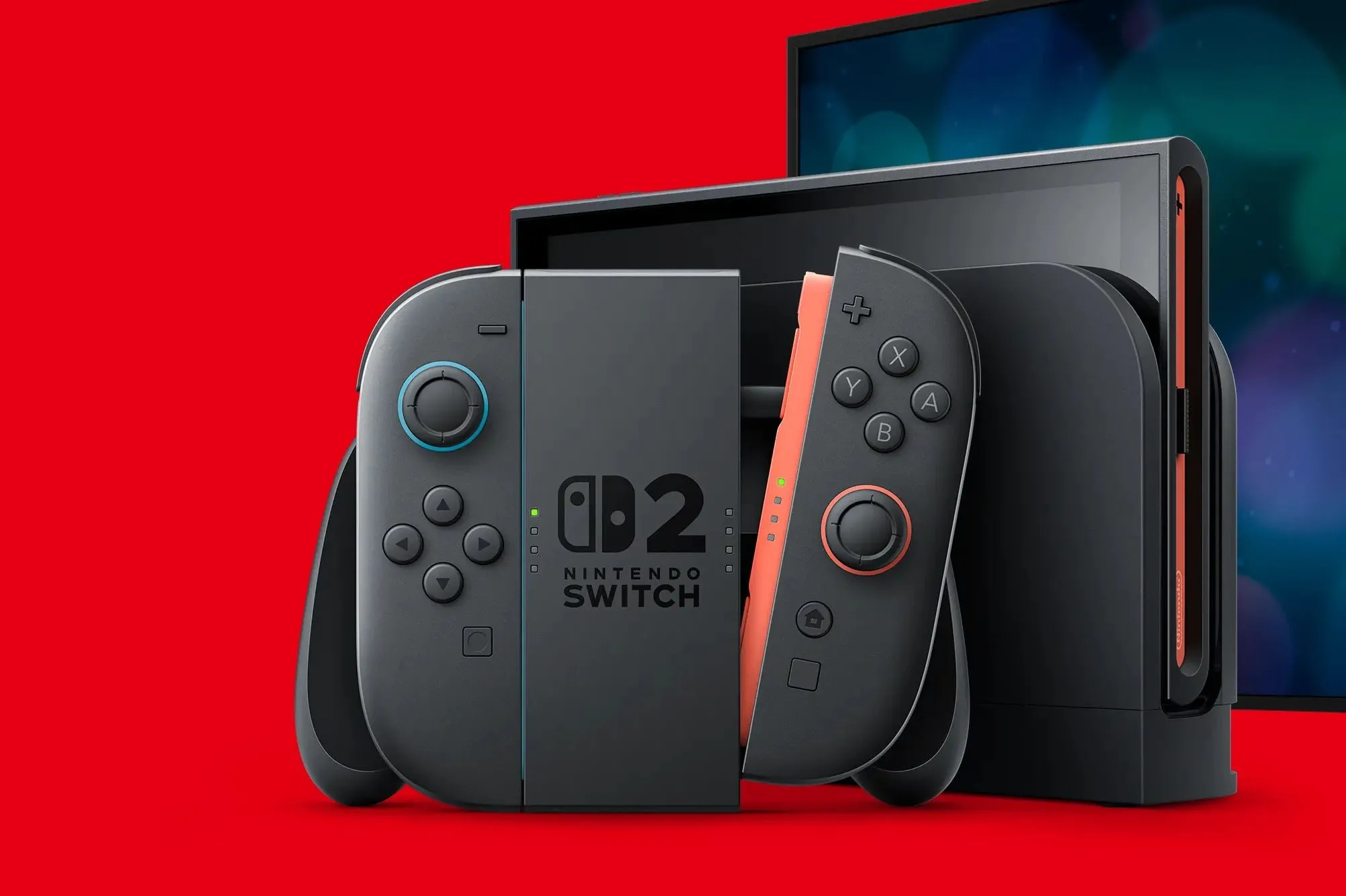 Máy chơi game Nintendo Switch 2 đặt trong dock cùng tay cầm Joy-Con