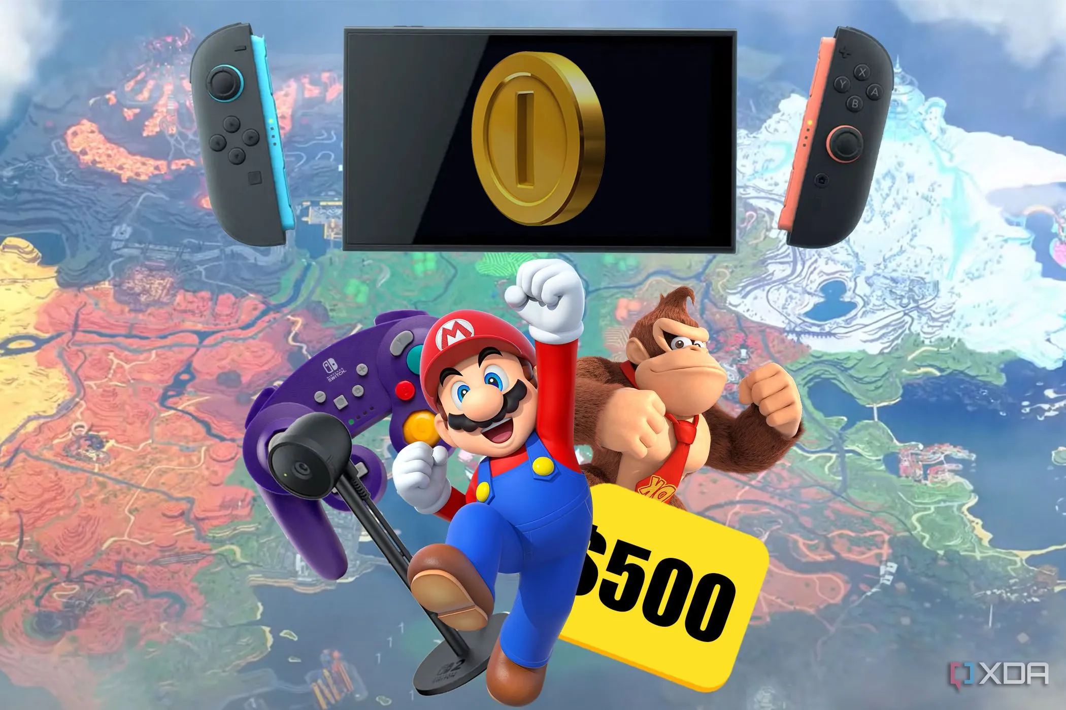 Máy chơi game Nintendo Switch 2 màu đen được bao quanh bởi các phụ kiện, thể hiện sự thu hút của console.