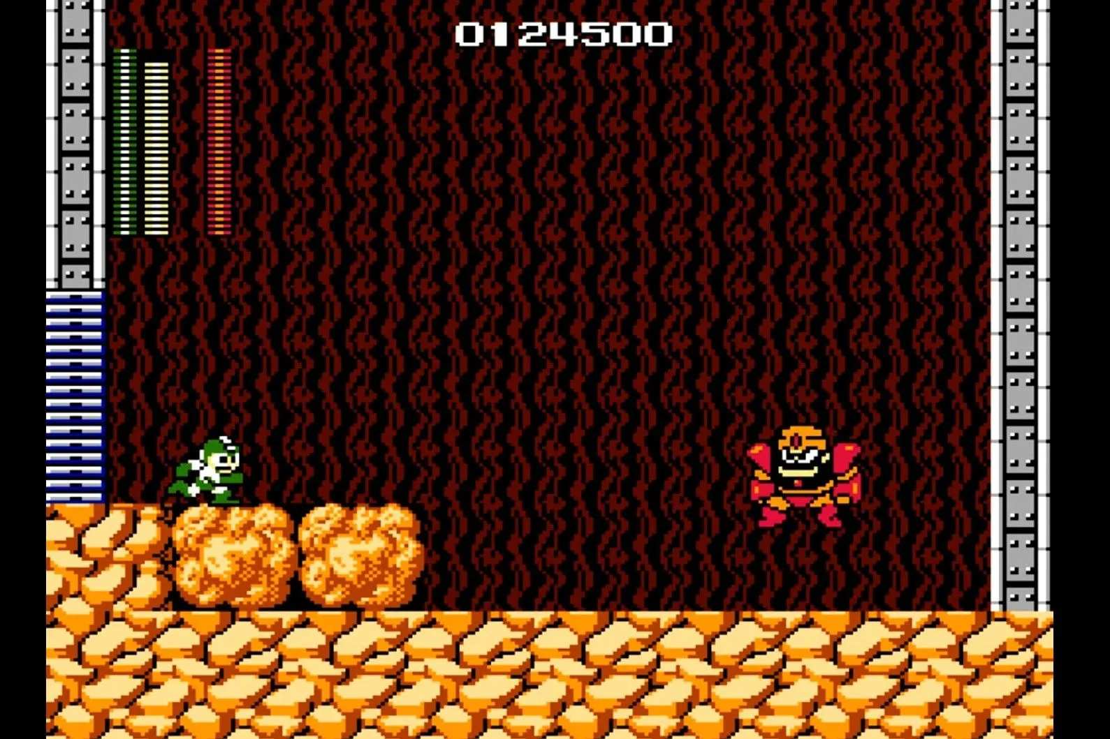 Mega Man giao chiến với robot boss trên NES, thể hiện độ khó đặc trưng của series game hành động này