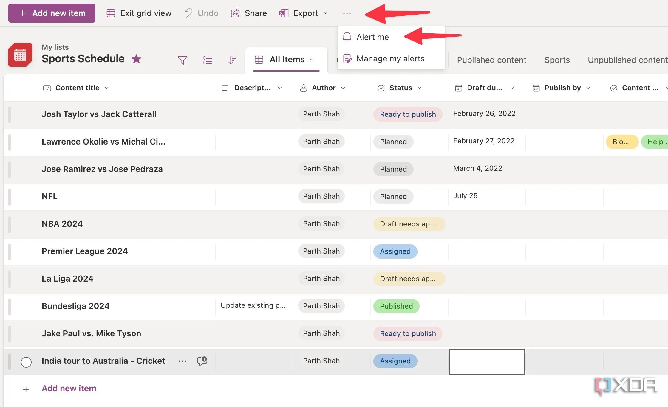 Menu ba chấm trong Microsoft Lists, hiển thị tùy chọn 'Alert me' để thiết lập quy tắc tự động hóa