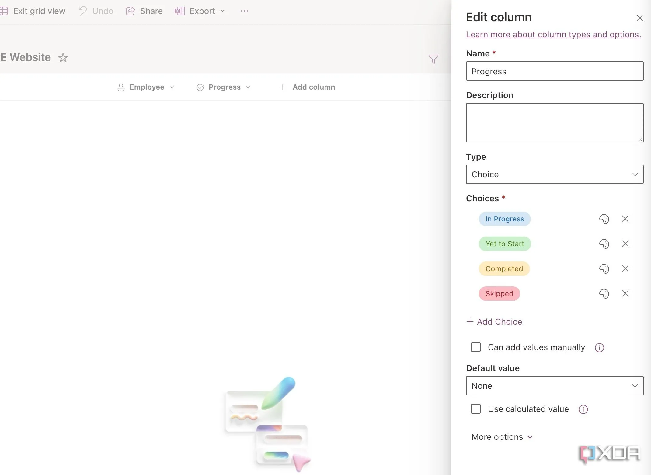 Menu cài đặt cho cột 'Choice' trong Microsoft Lists, cho phép tùy chỉnh các tùy chọn và giá trị mặc định