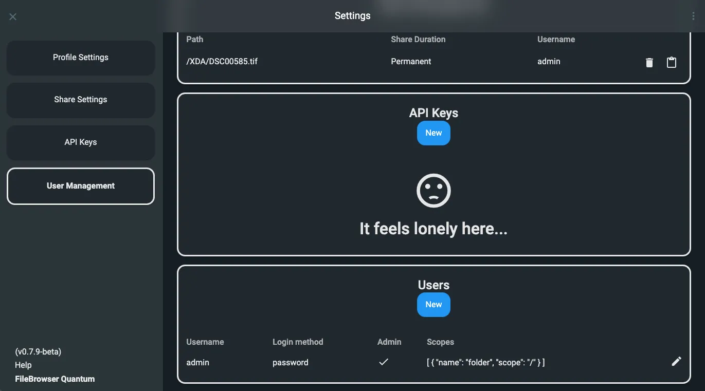 Menu cài đặt quyền người dùng trong FileBrowser Quantum, cho phép quản lý chi tiết các tùy chọn truy cập và chỉnh sửa cho từng tài khoản.
