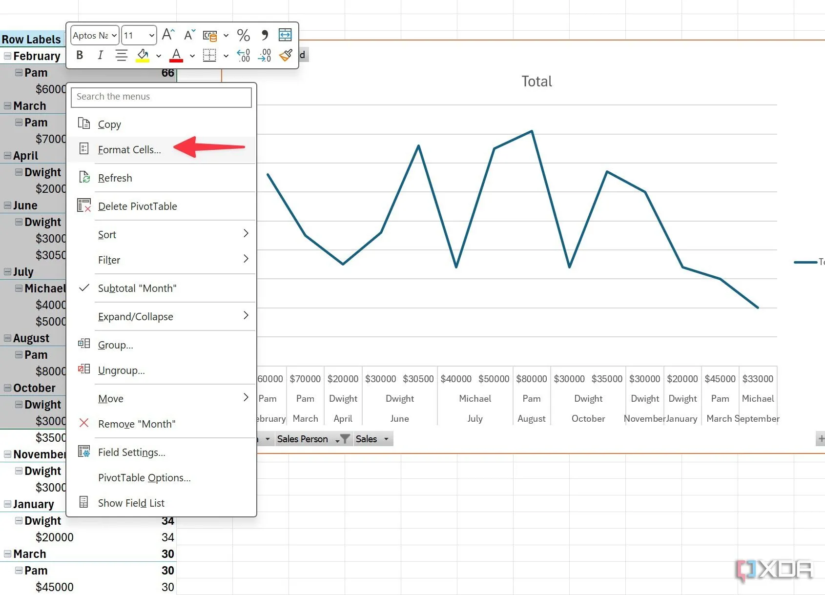 Menu chuột phải trong Excel hiển thị tùy chọn Format Cells để định dạng các ô trong Pivot Table