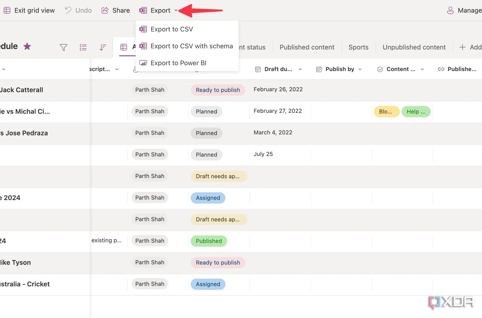 Menu 'Export' trong Microsoft Lists, hiển thị các tùy chọn xuất dữ liệu sang CSV hoặc Power BI