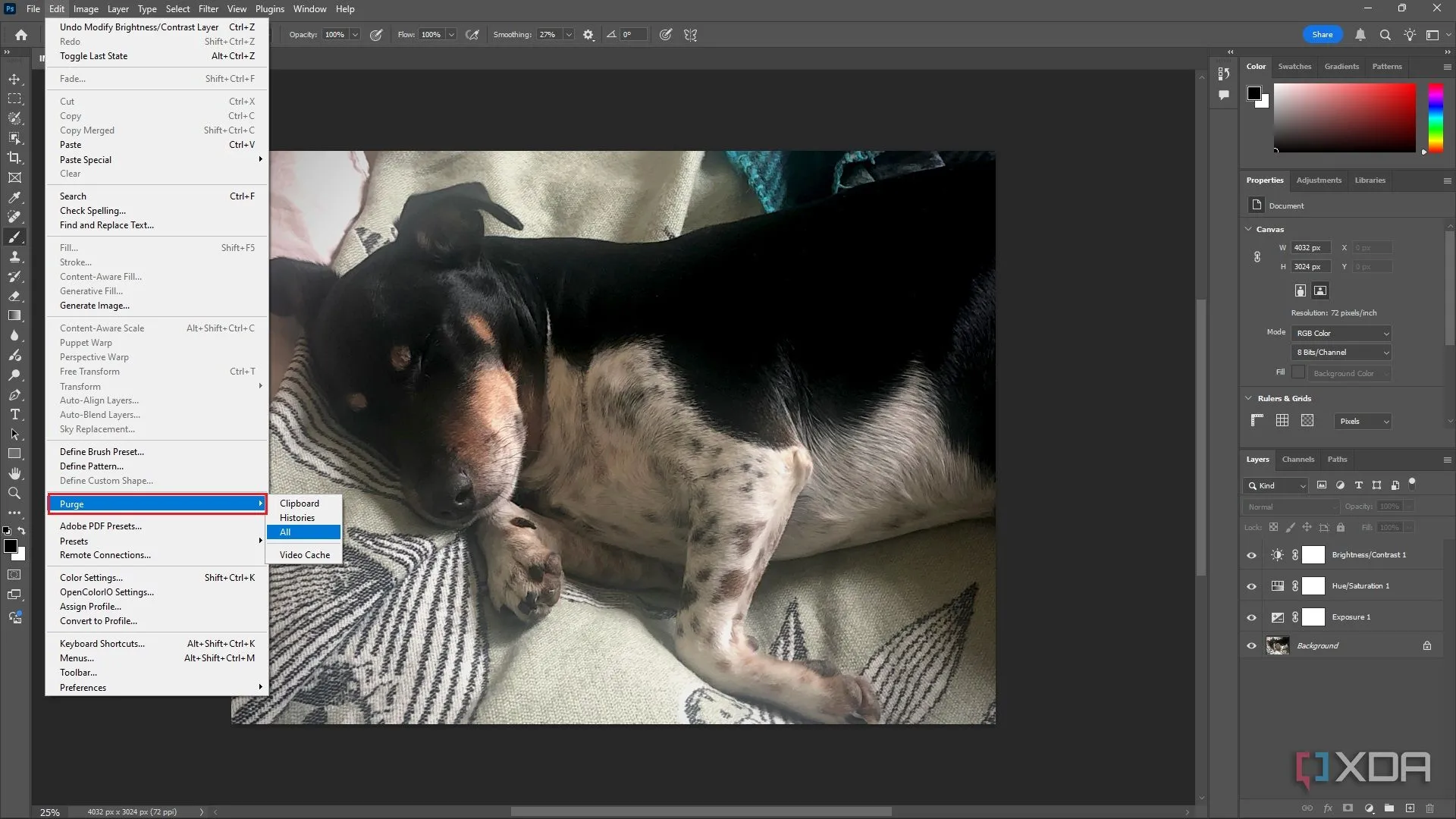Menu Purge trong Photoshop, cho phép xóa bộ nhớ Clipboard, Histories hoặc tất cả để giải phóng tài nguyên