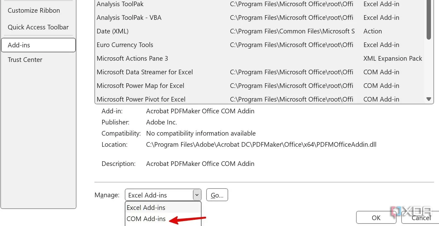 Menu Quản lý Add-ins trong Excel, chọn COM Add-ins