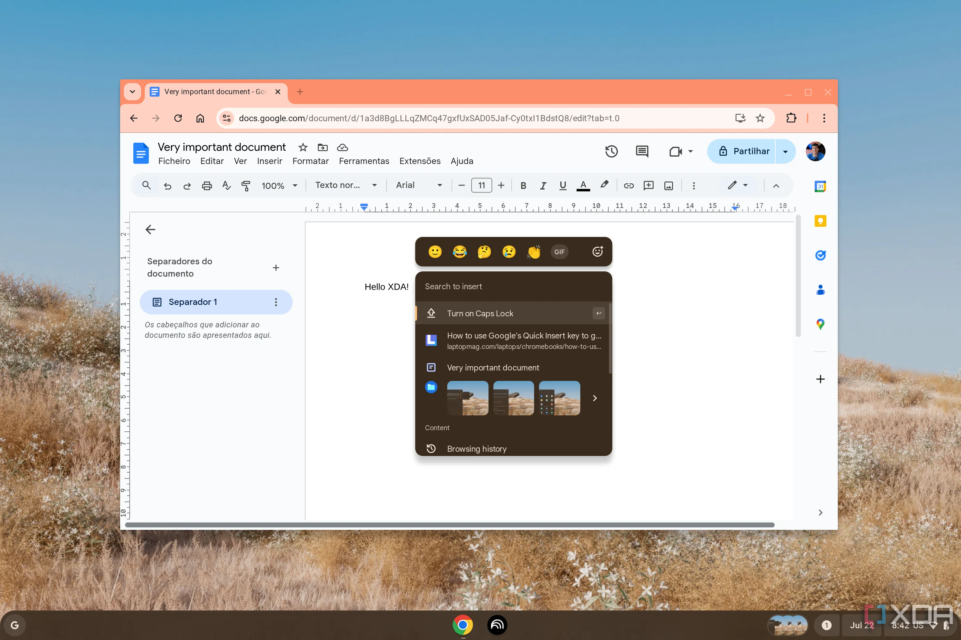 Menu Quick Insert của ChromeOS hiển thị gợi ý chèn vào Google Docs
