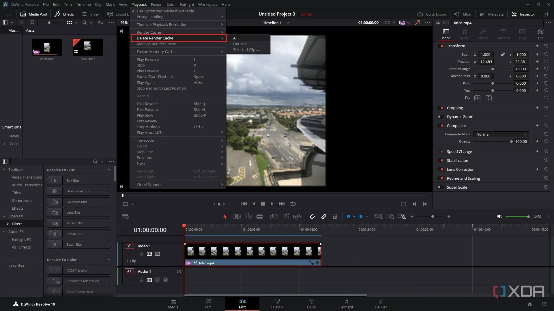 Menu xóa tất cả Render Cache trong DaVinci Resolve để giải phóng dung lượng ổ đĩa