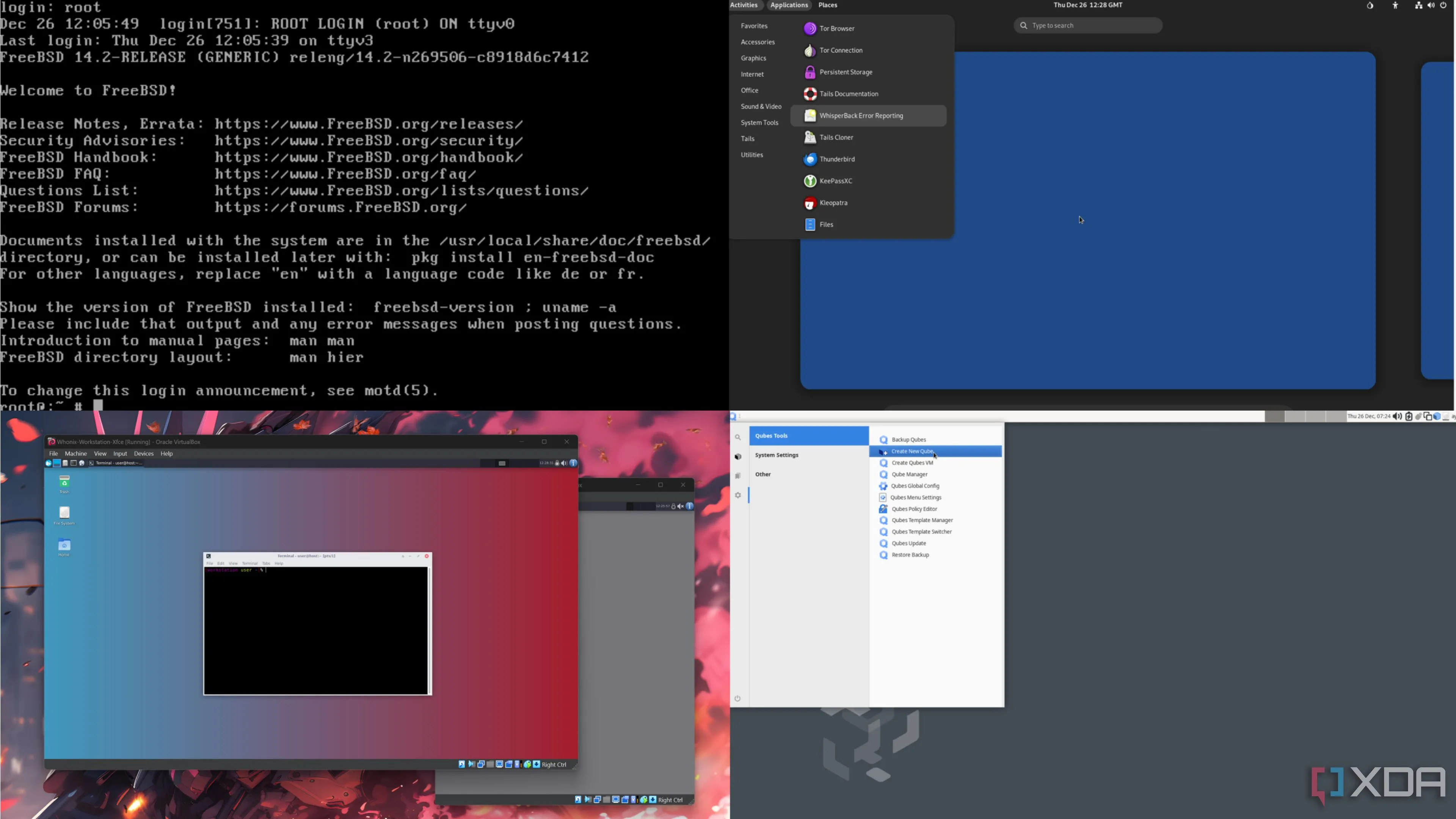 Minh họa các hệ điều hành bảo mật như FreeBSD, Tails, Qubes OS và Whonix đang hoạt động