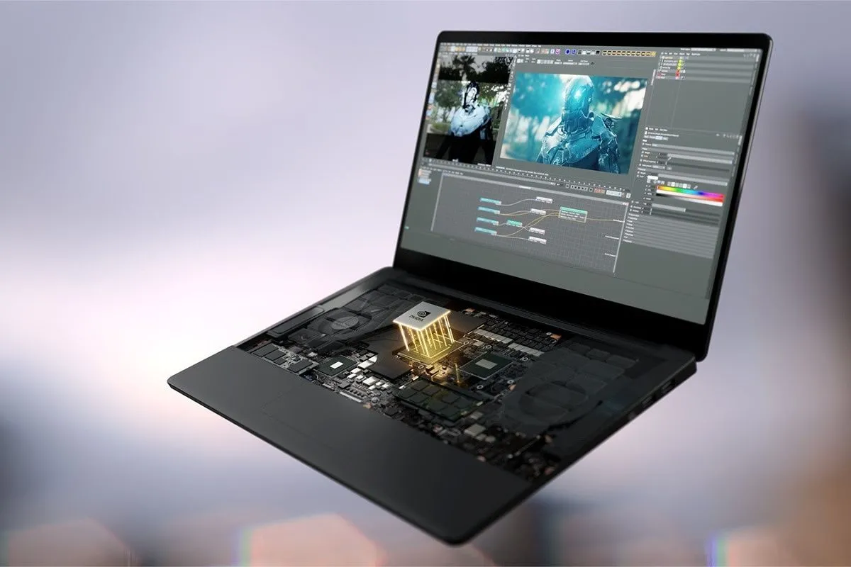Minh họa GPU NVIDIA RTX bên trong một chiếc laptop, cho thấy chip đồ họa di động tích hợp.