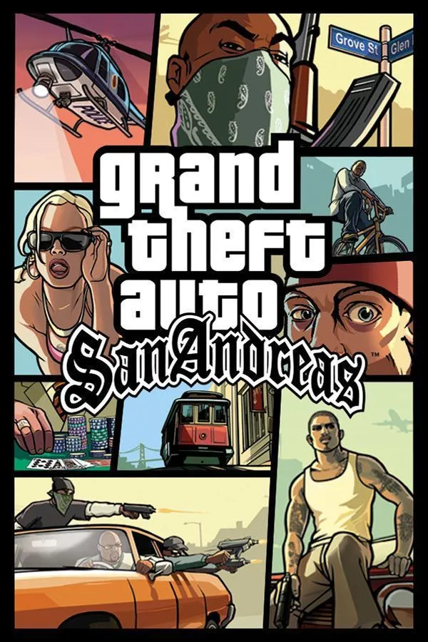 Mô tả hình ảnh: Bìa game Grand Theft Auto: San Andreas, thể hiện ba nhân vật chính CJ, Sweet và Big Smoke với bối cảnh đường phố Los Santos.