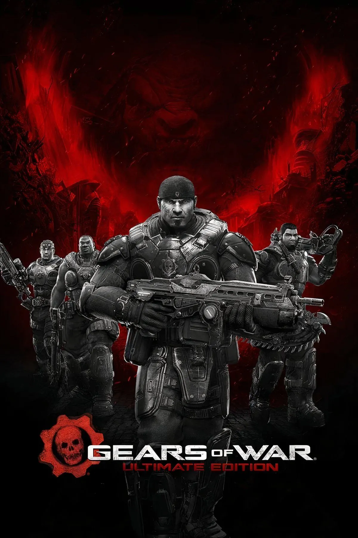 Một bức collage với các cảnh hành động từ game Gears of War: Ultimate Edition, nổi bật là các nhân vật COG đang chiến đấu trong môi trường đổ nát.