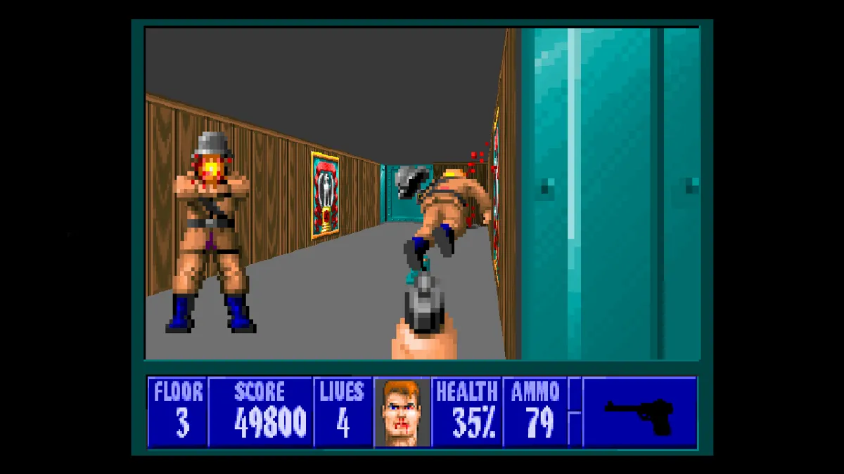 Một cảnh chiến đấu trong Wolfenstein 3D, game FPS kinh điển.