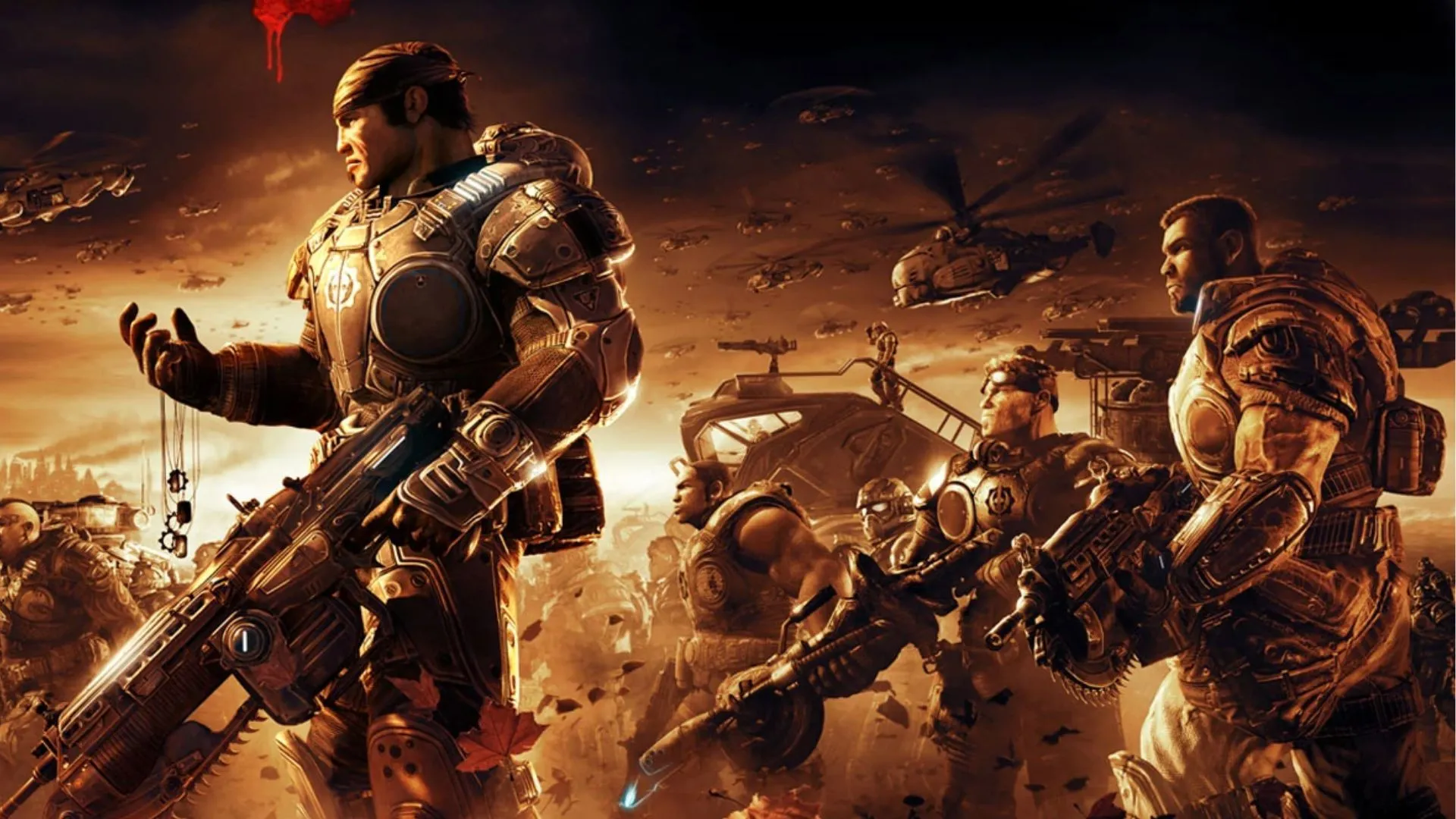 Một cảnh trong trailer game Gears of War 2, thể hiện đồ họa và nhân vật hành động của tựa game bắn súng nổi tiếng trên Xbox.