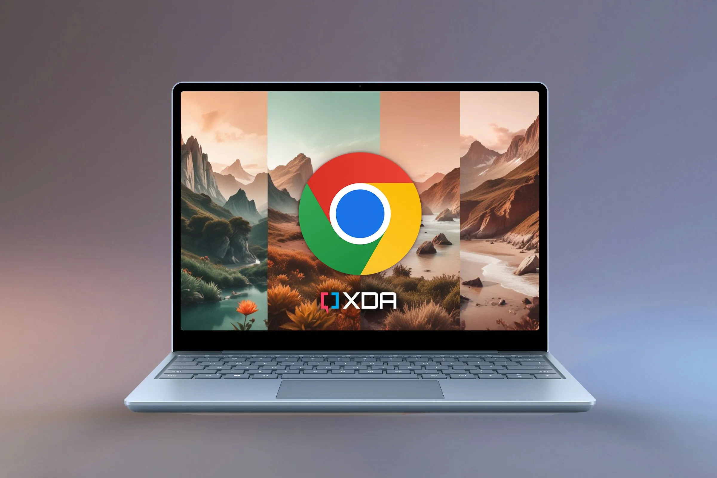 Một chiếc laptop hiển thị giao diện các chủ đề AI của Chrome, biểu tượng Google Chrome và logo XDA