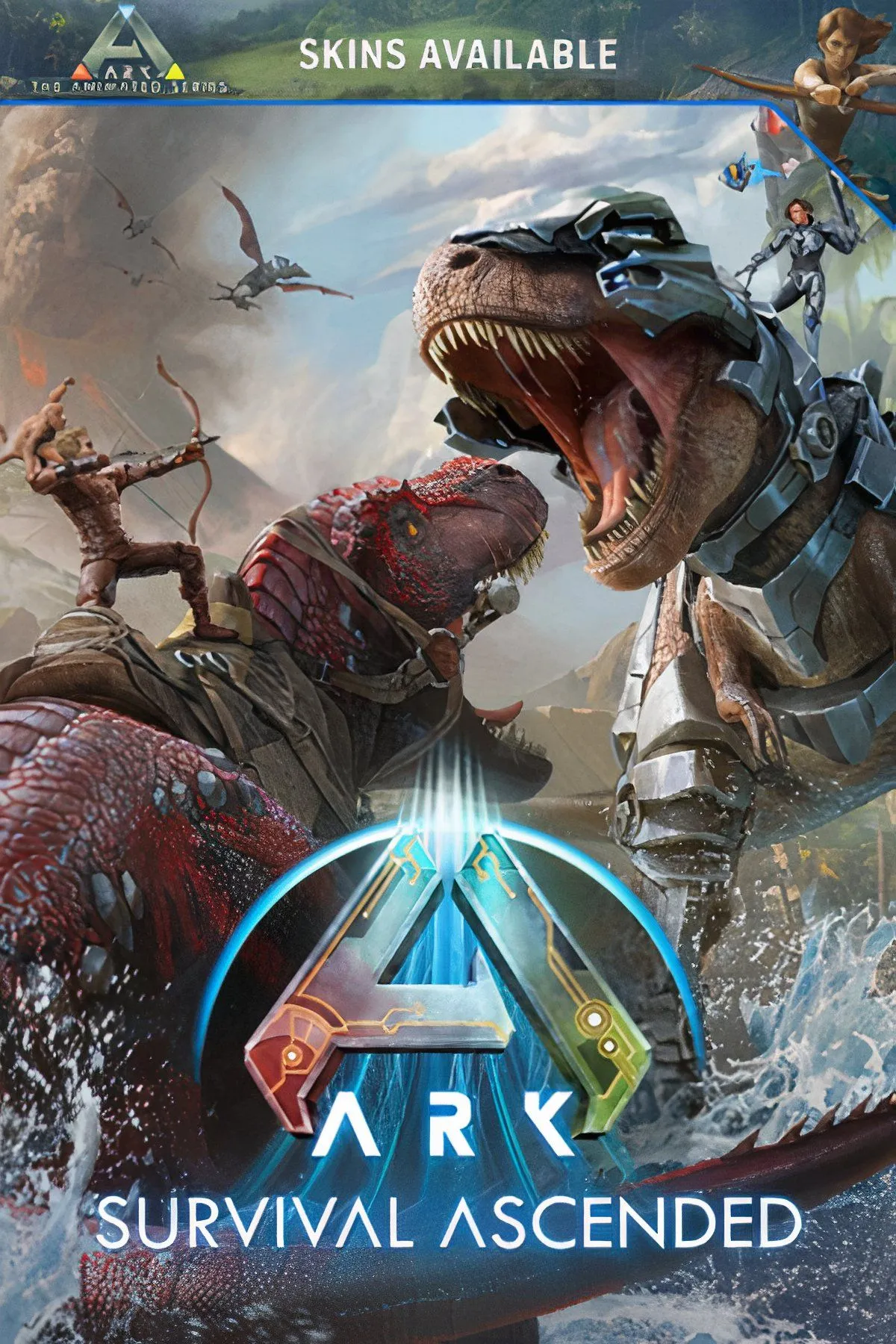 Một con khủng long bạo chúa T-Rex hùng vĩ đang đứng trên một bãi biển đầy nắng trong Ark: Survival Ascended, cho thấy đồ họa được nâng cấp của trò chơi