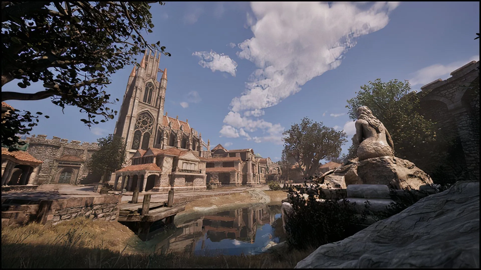 Một góc nhìn hiện đại hóa thành phố trong Oblivion Remastered, cho thấy sự khác biệt khi tắt tính năng Lumen Ray Tracing