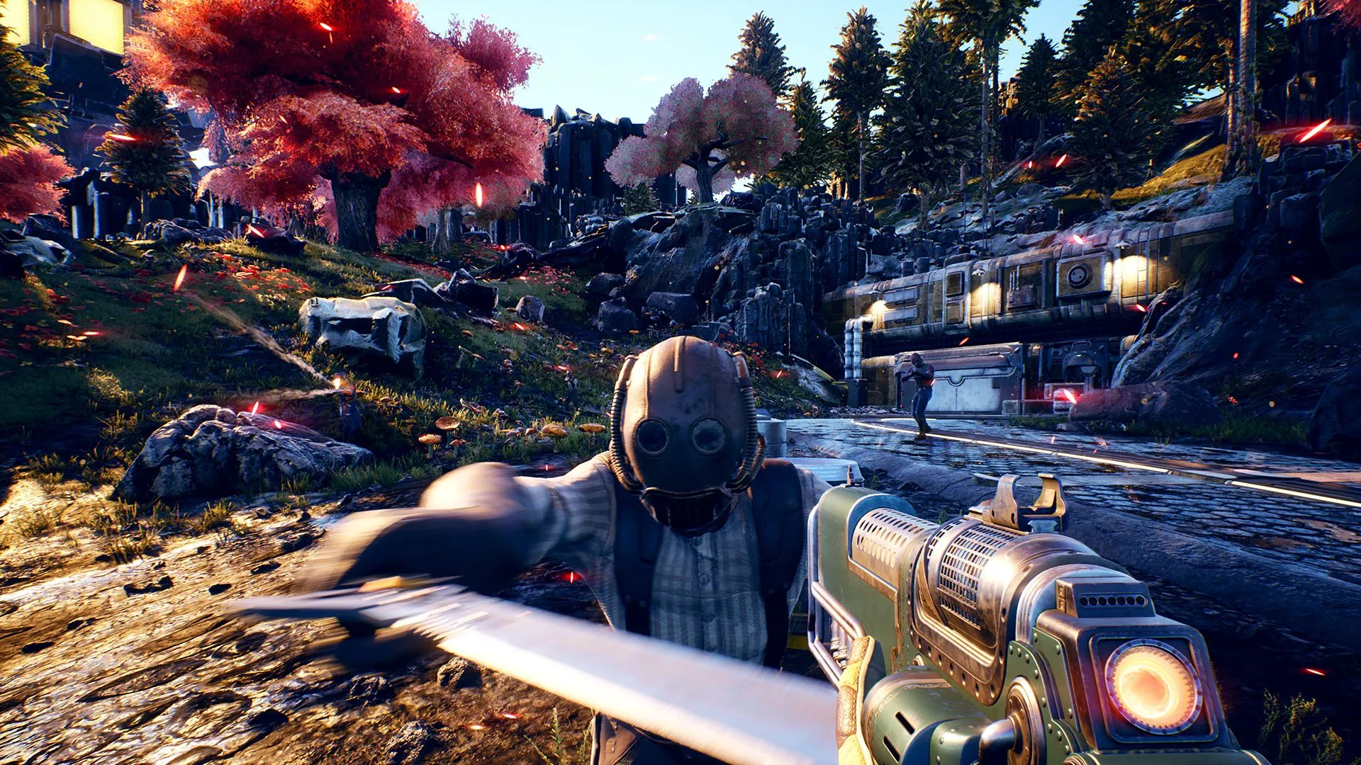 Một nhân vật đang giao tiếp trong thế giới khoa học viễn tưởng của The Outer Worlds