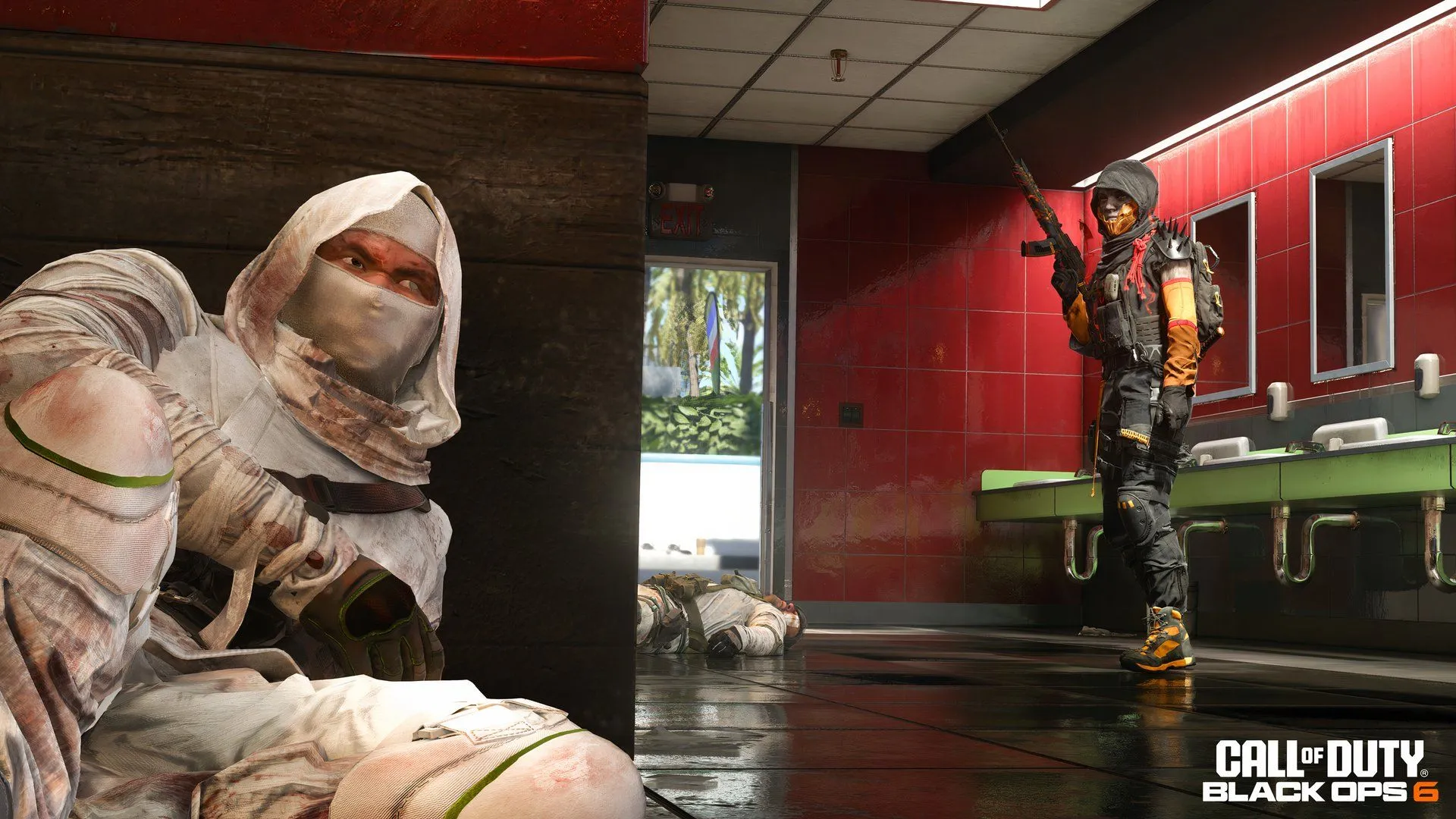 Một nhân vật Operator của Call of Duty bị thương đang ẩn nấp khỏi kẻ tấn công