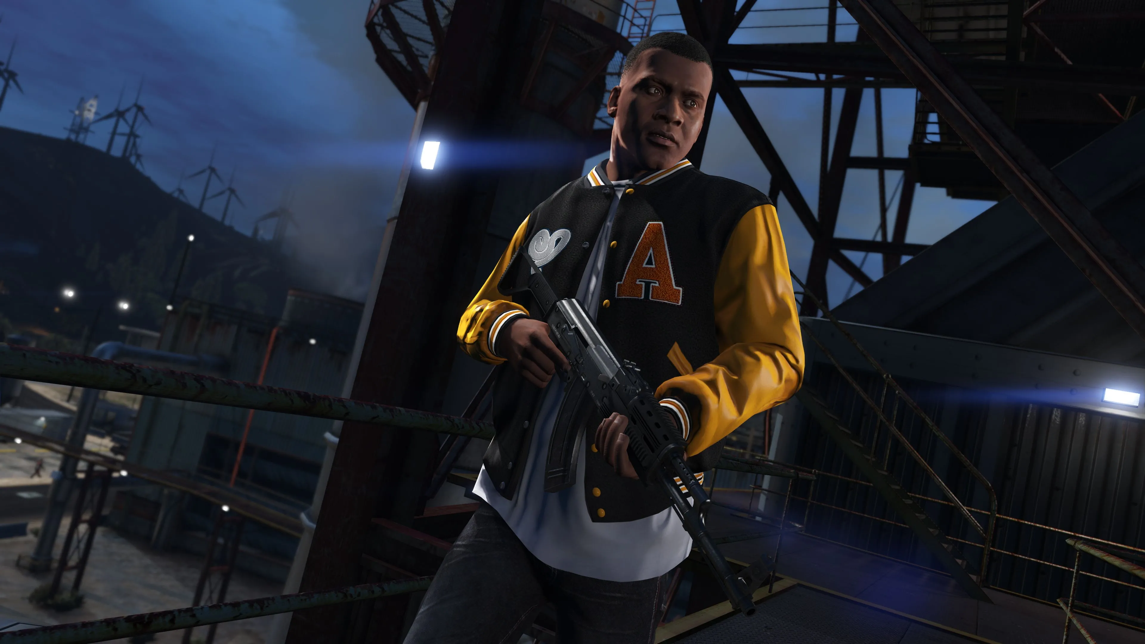 Một nhân vật trong trò chơi Grand Theft Auto cầm súng trong cảnh đêm, minh họa ngày phát hành GTA 6