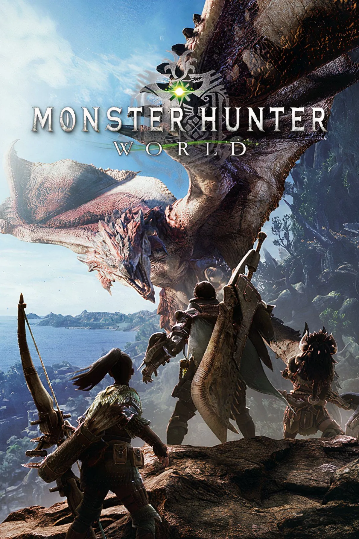 Một nhóm thợ săn đối đầu với quái vật lớn trong game Monster Hunter World.
