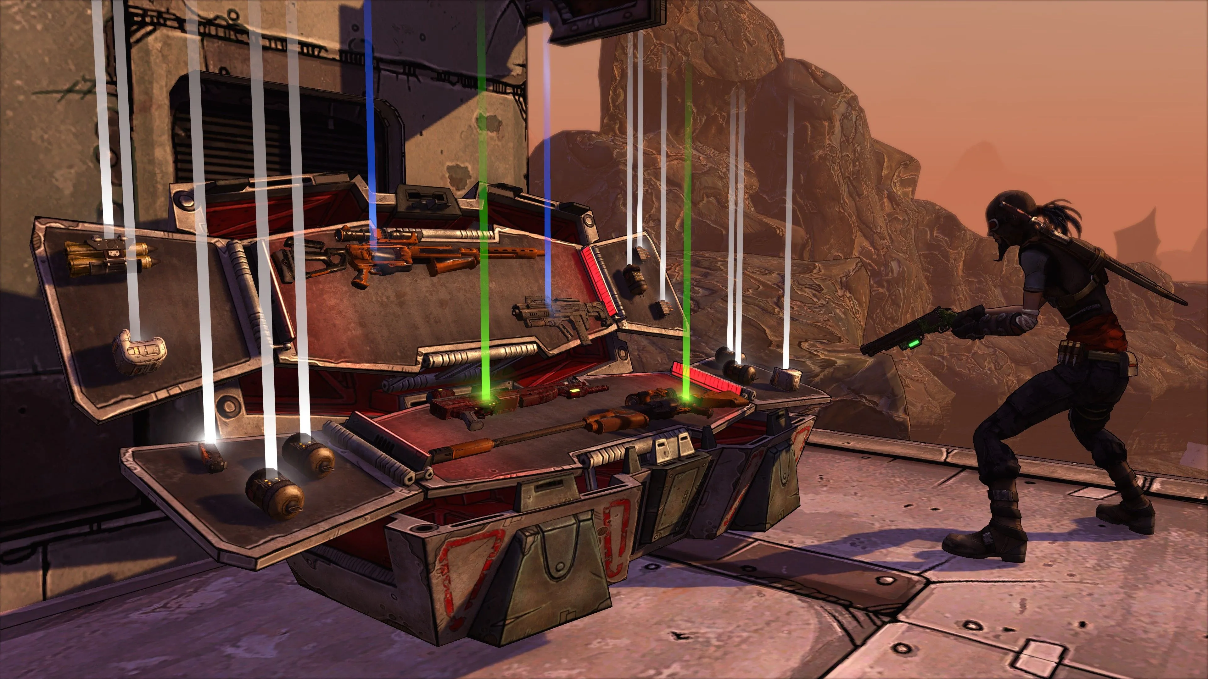 Một thùng loot mở ra với nhiều vũ khí trong Borderlands, biểu tượng của dòng game looter-shooter co-op.
