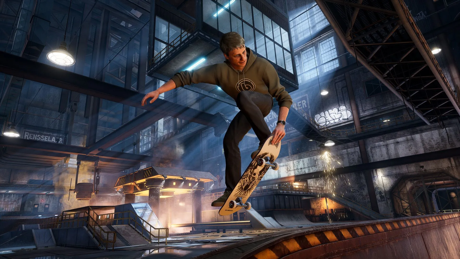 Một vận động viên trượt ván bay lượn trên không trung trong Tony Hawk's Pro Skater 3 + 4 với nền công viên