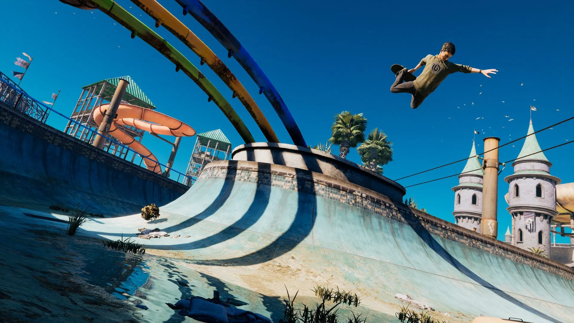 Một vận động viên trượt ván thực hiện cú nhảy và xoay người trên không trong game Tony Hawk's Pro Skater